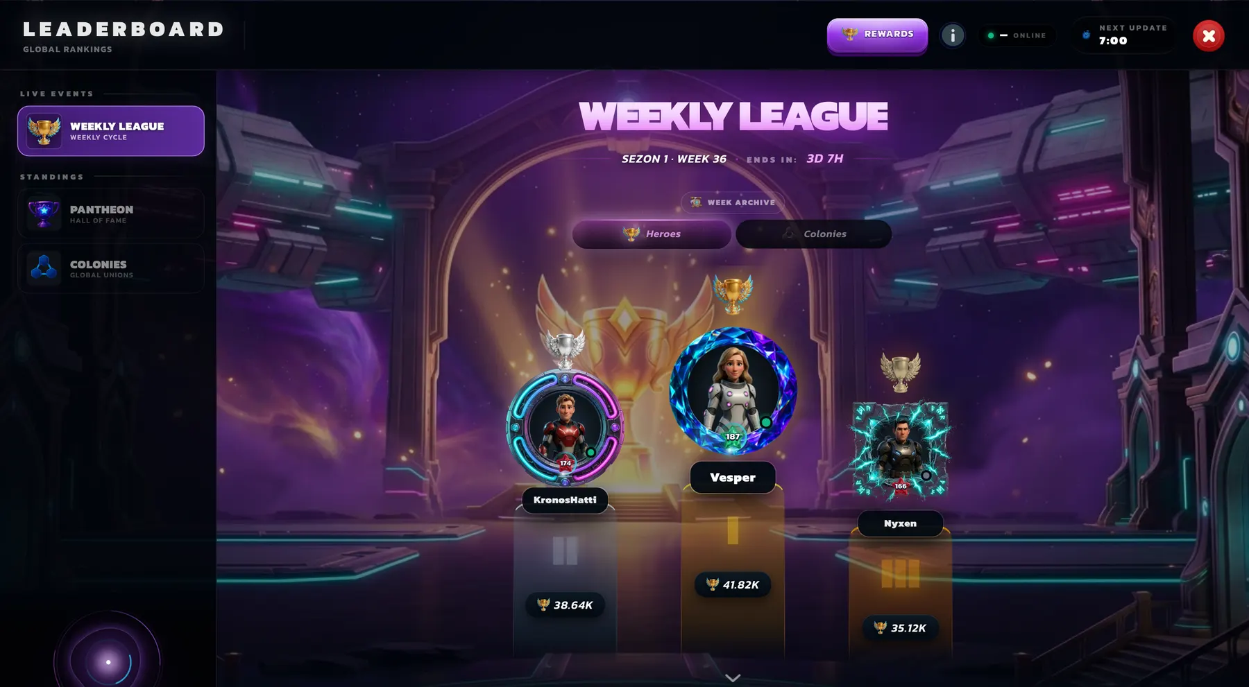 The Weekly League screen inside the game: the top three heroes on the podium, your own progress underneath